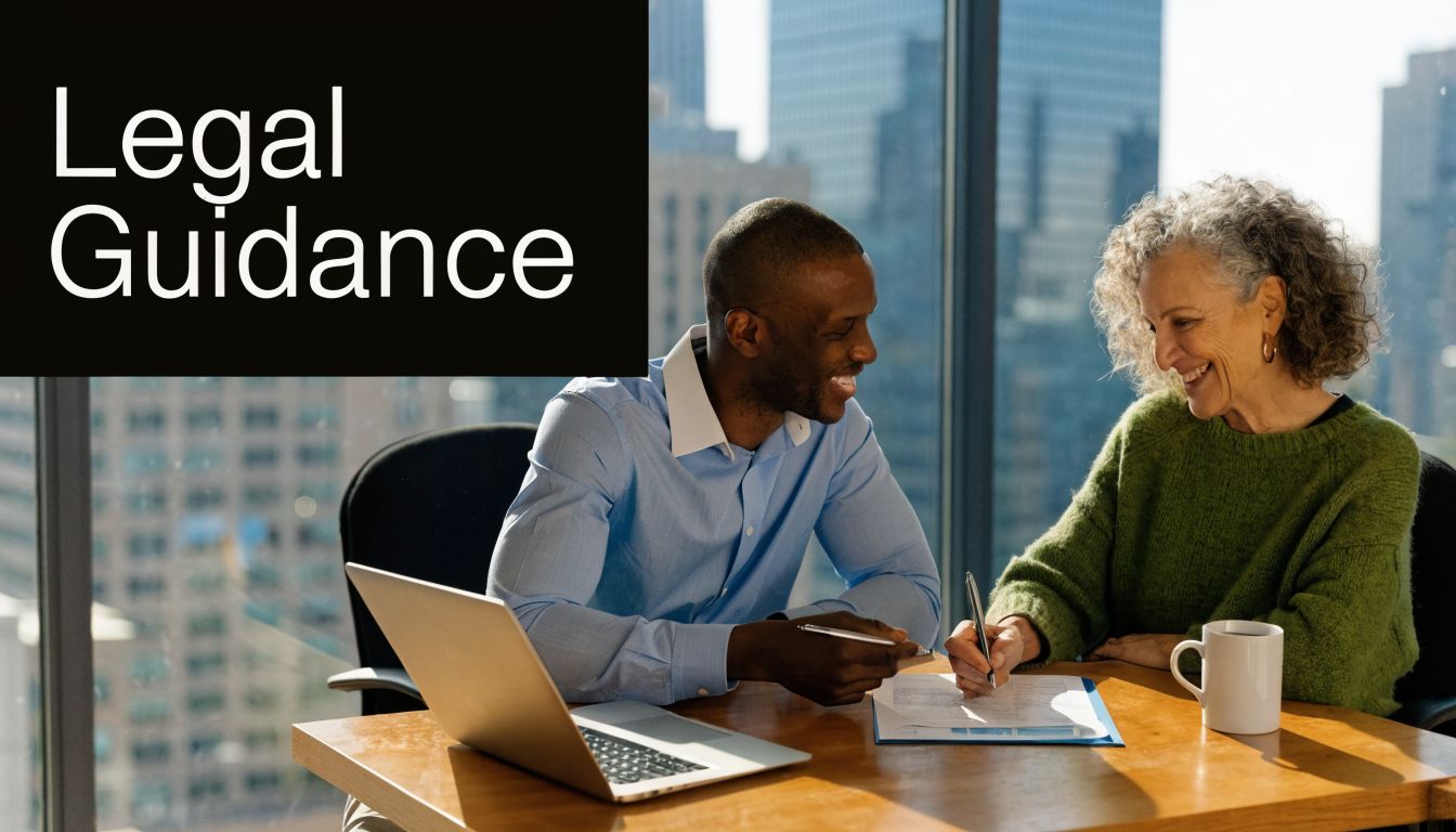 A professional man and an older woman reviewing legal documents together at a bright office desk.