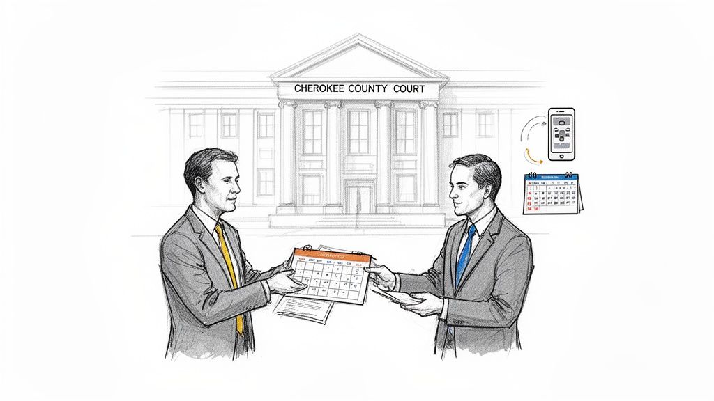 Two lawyers exchanging documents and a calendar in front of the Cherokee County Court, with a smartphone and calendar icon.