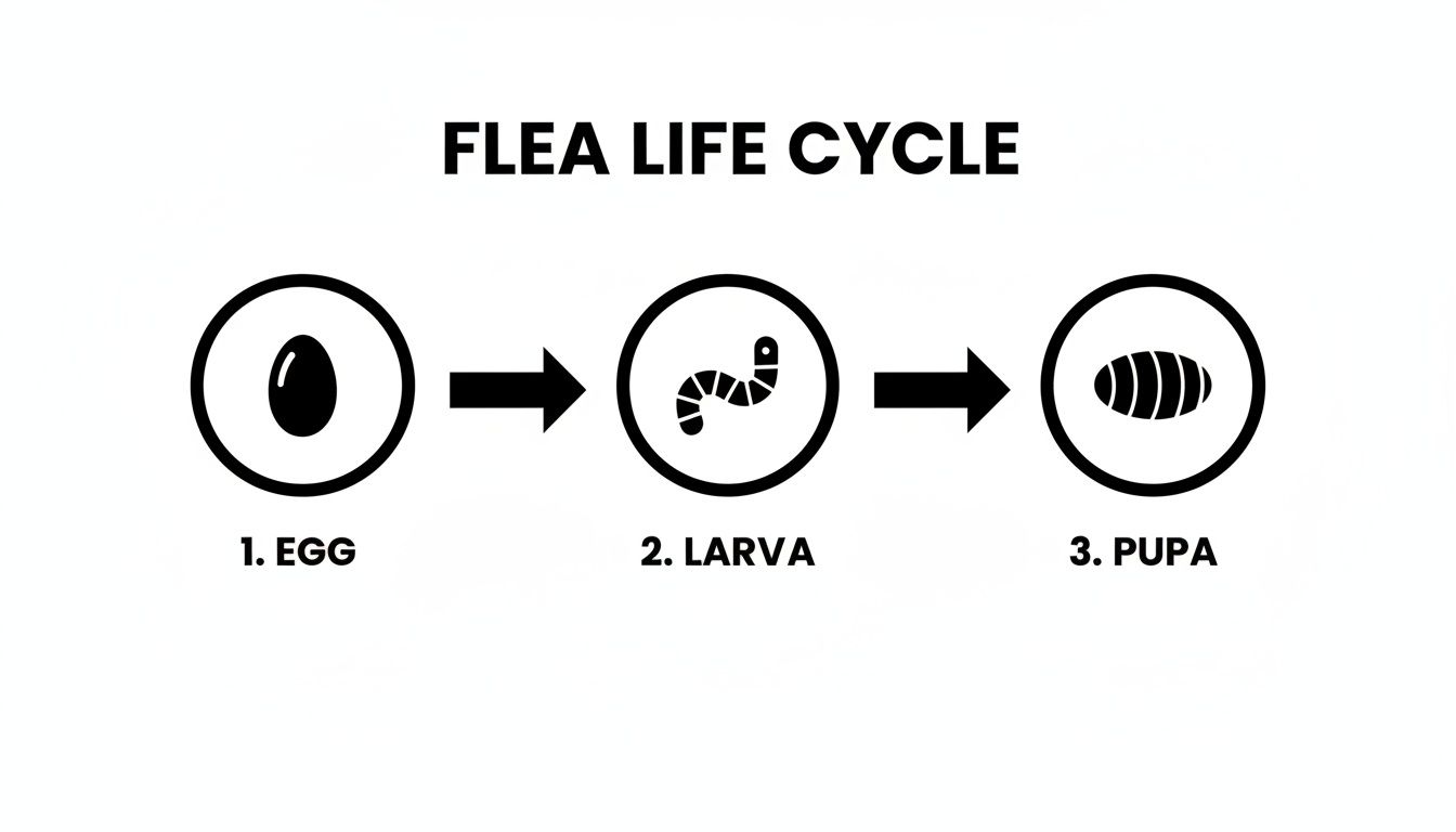 Black and white diagram illustrating the flea life cycle, showing the egg, larva, and pupa stages with arrows.