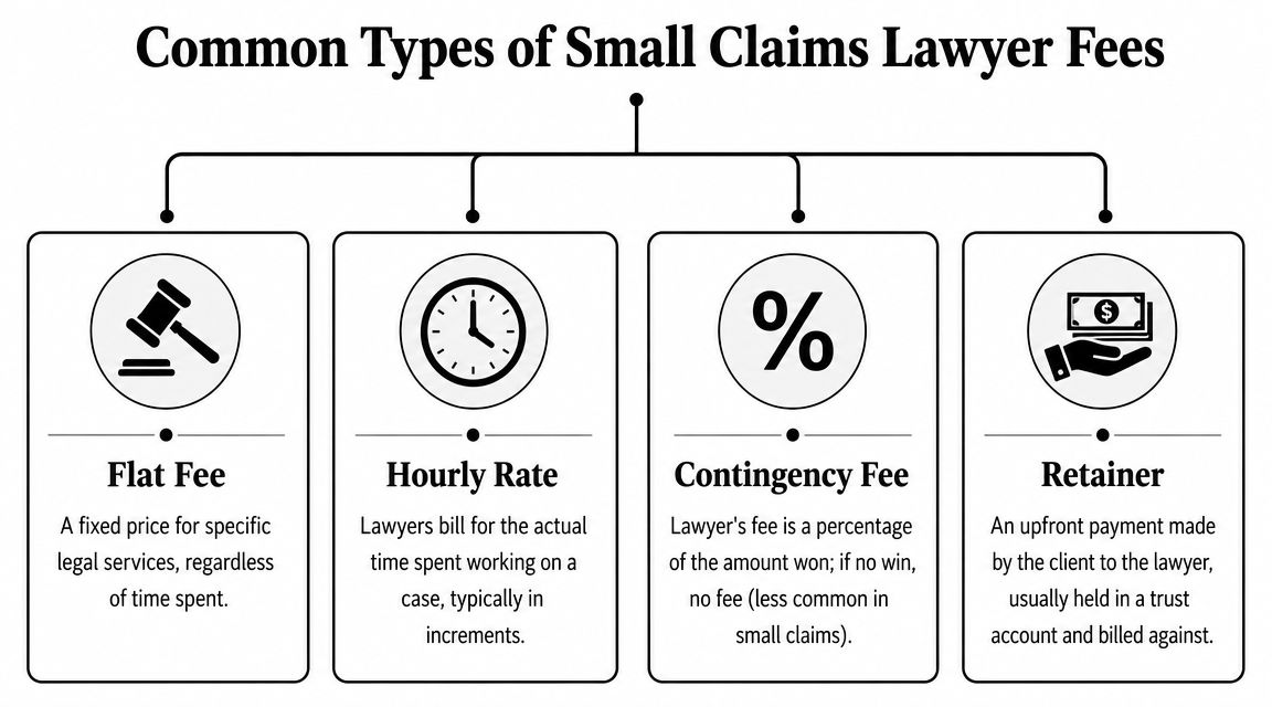 An infographic illustrating four common types of small claims lawyer fees: flat fee, hourly rate, contingency, and retainer.