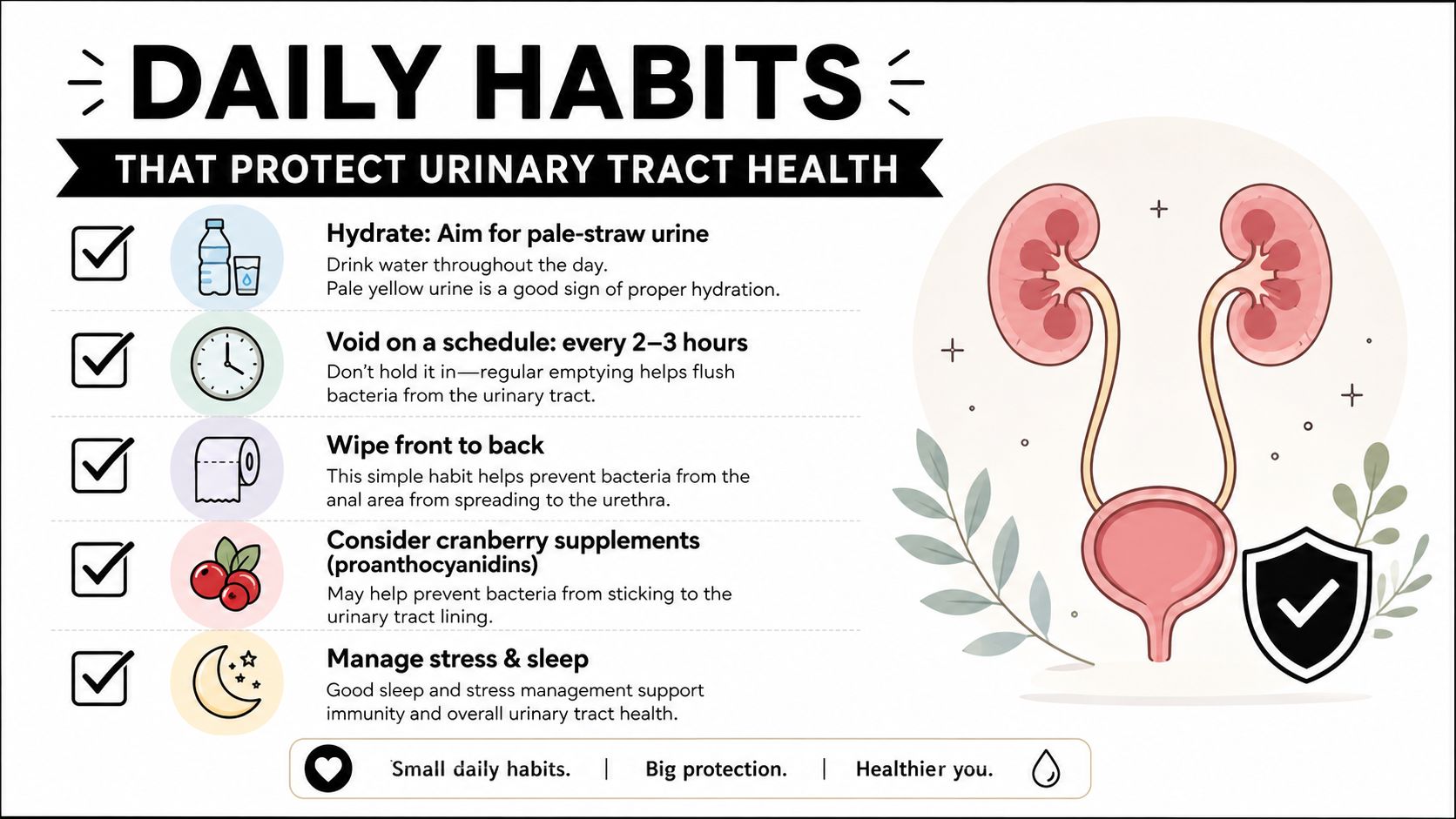 An infographic showing five daily habits to protect urinary tract health alongside an illustration of the human kidneys.