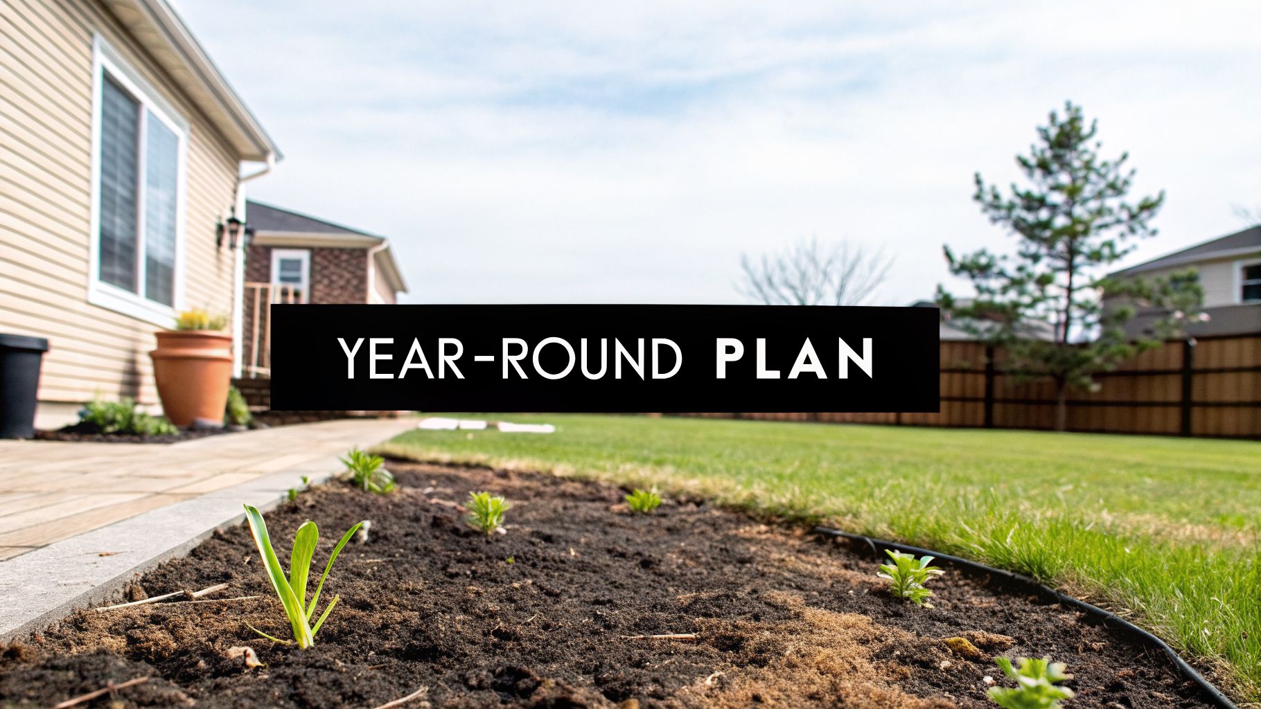 A backyard with a paved path, a garden bed with small green plants, and a lawn. A text overlay reads "YEAR-ROUND PLAN".