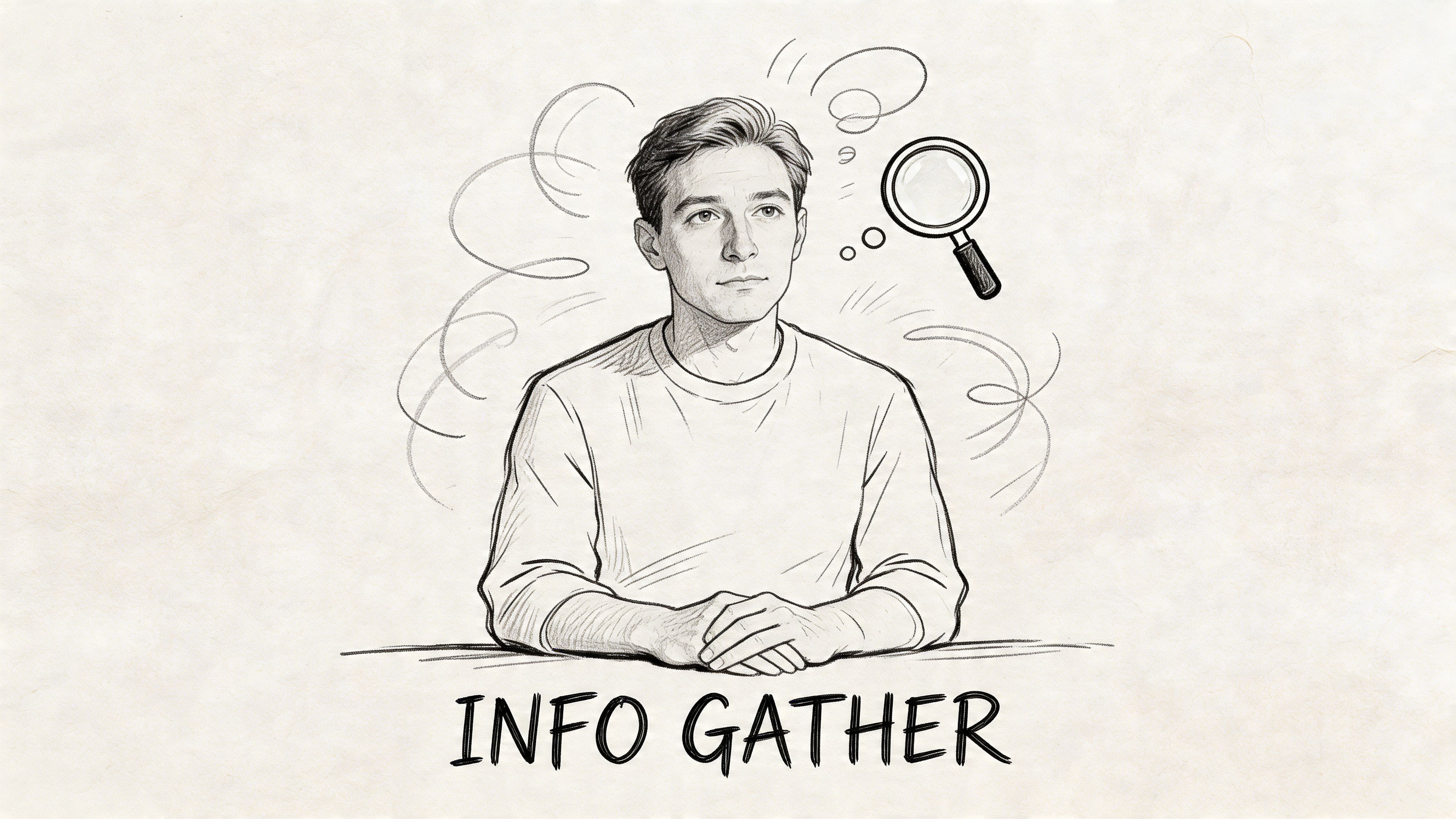 A sketched illustration of a thoughtful man sitting at a desk with a magnifying glass icon above.