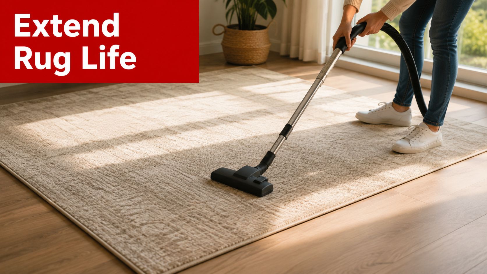 A person using a vacuum cleaner to clean a neutral colored area rug in a bright room.