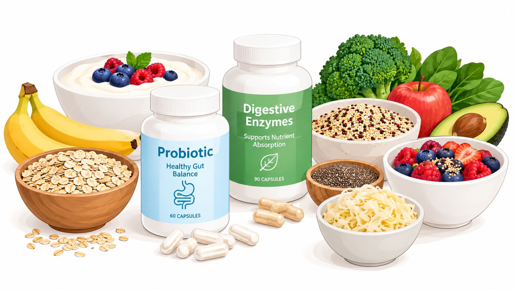 A collection of probiotic and digestive enzyme supplements arranged with healthy gut-friendly foods like yogurt and fruit.