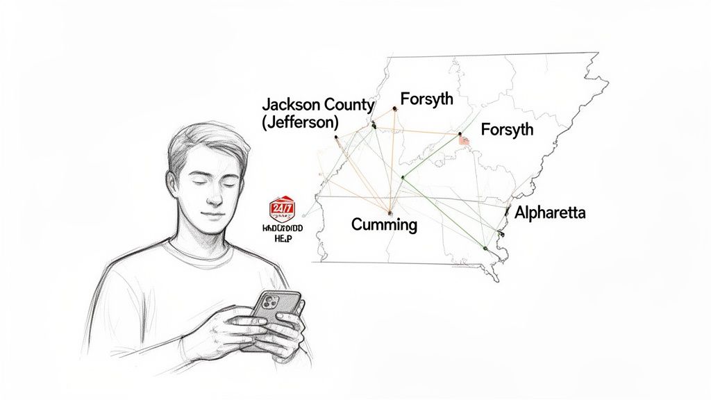 Illustration of a man using a smartphone next to a Georgia map with interconnected cities and 24/7 help logo.