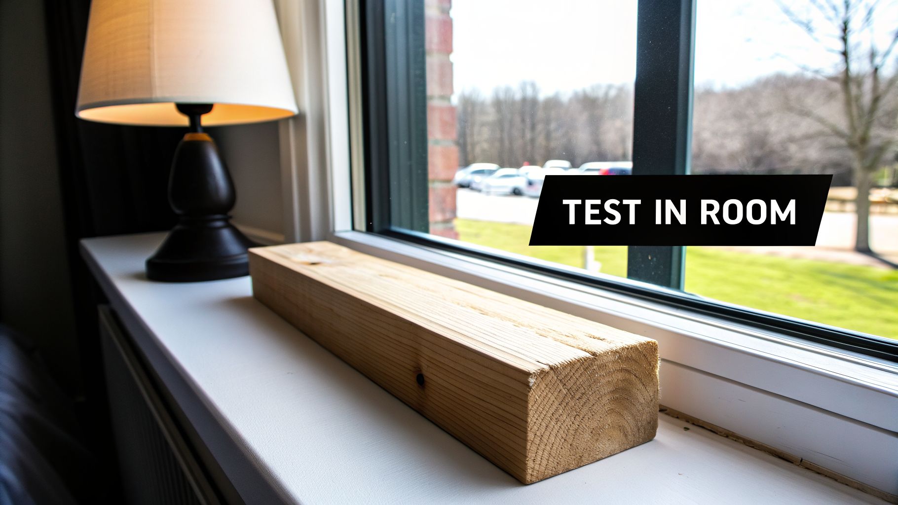 A natural wood block sits on a white window sill, next to a classic lamp, with an outdoor view.