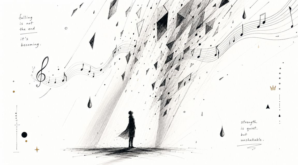 A conceptual sketch showing a person standing beneath falling geometric shapes, musical notes, and inspirational handwritten quotes.