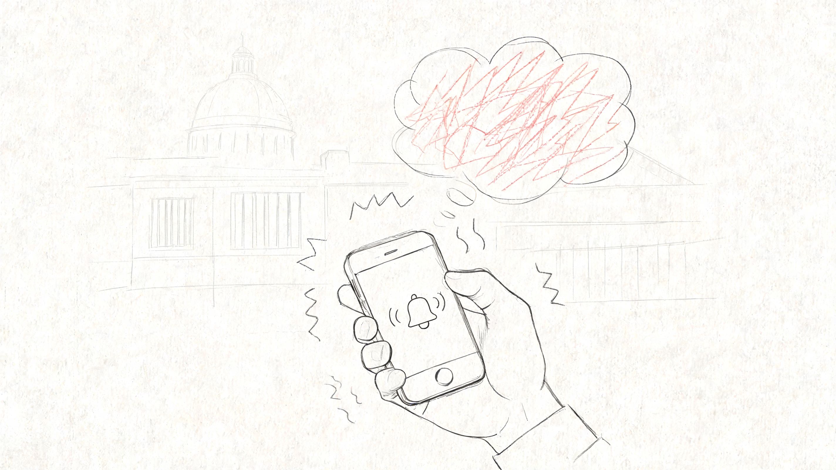 A hand holding a vibrating smartphone with a notification bell icon and a scribbled thought bubble.