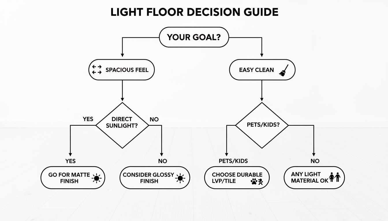 Flowchart decision guide for choosing light floor finishes based on spacious feel or easy clean, considering sunlight and pets.