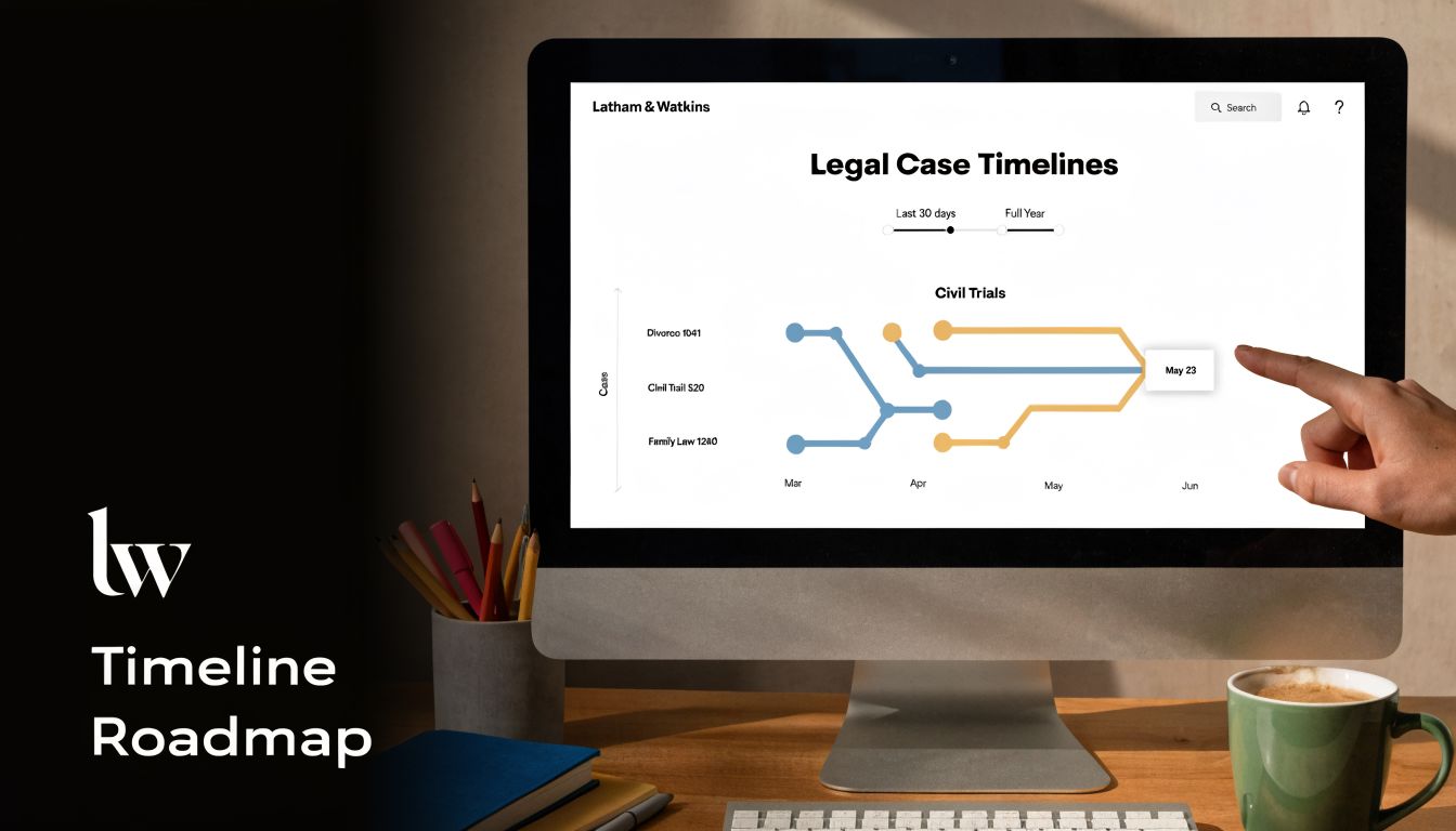 A computer screen displaying a legal case timeline roadmap dashboard on a professional office desk.