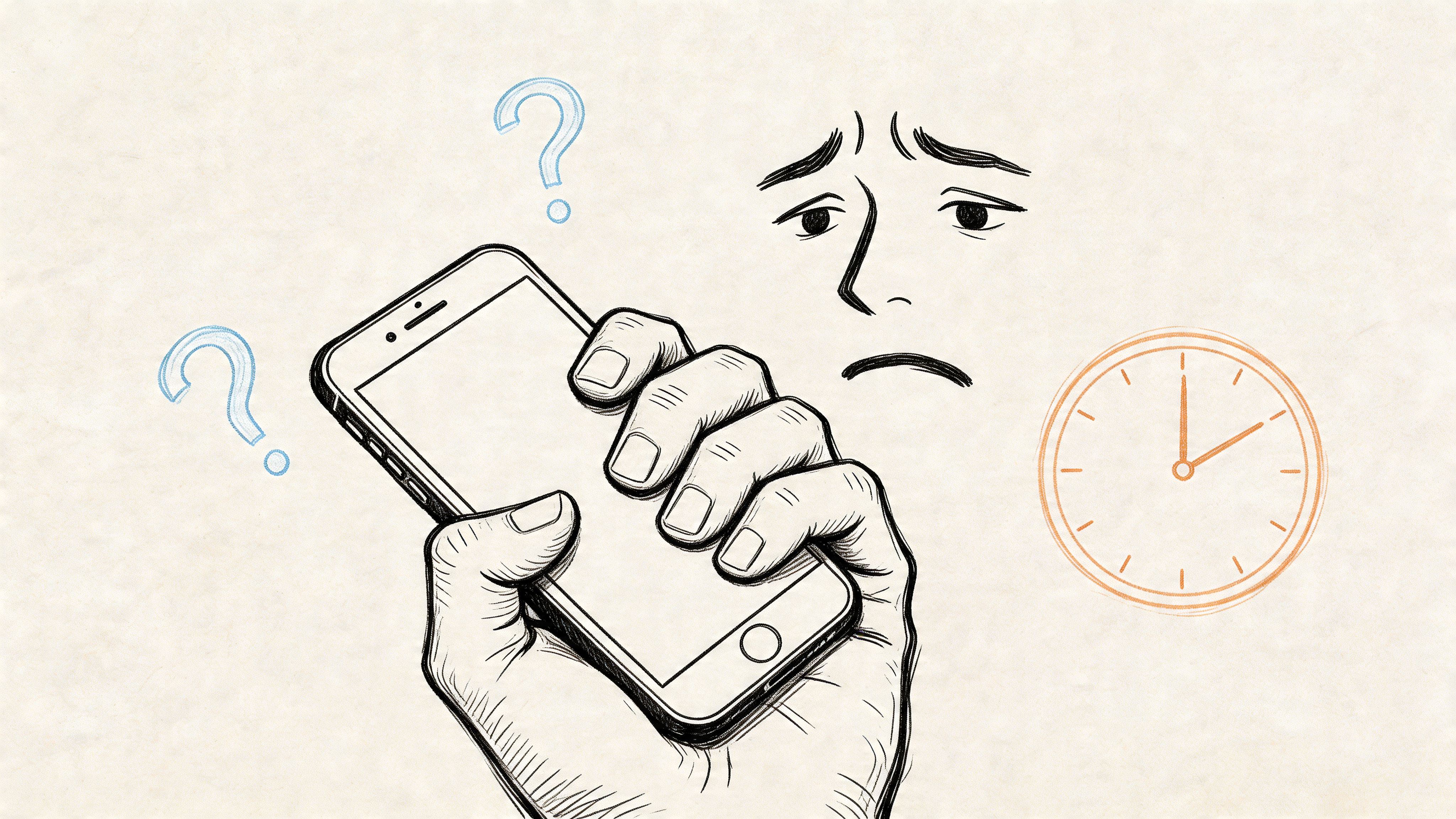 A hand holding a smartphone with an anxious face and a clock illustration in the background