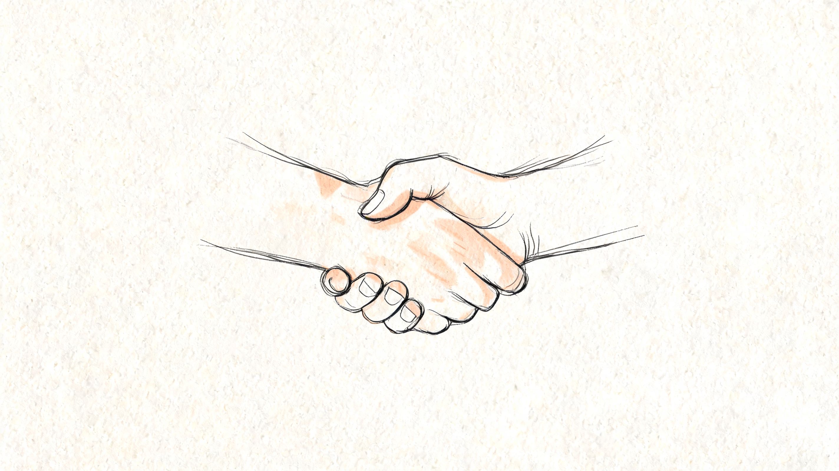 A pencil sketch of two hands coming together in a friendly handshake against a textured paper background.