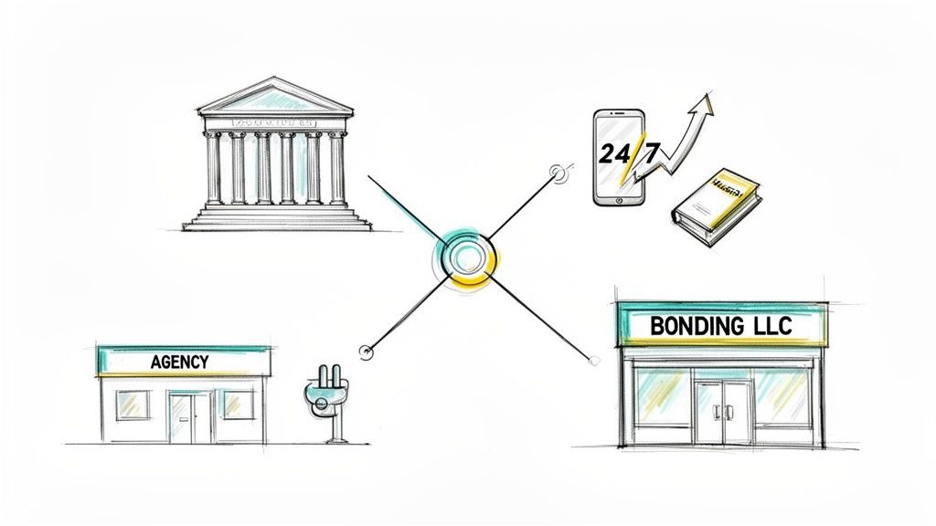 A sketch illustrating the bail bonding ecosystem, connecting a courthouse, agency, bonding LLC, and 24/7 services.