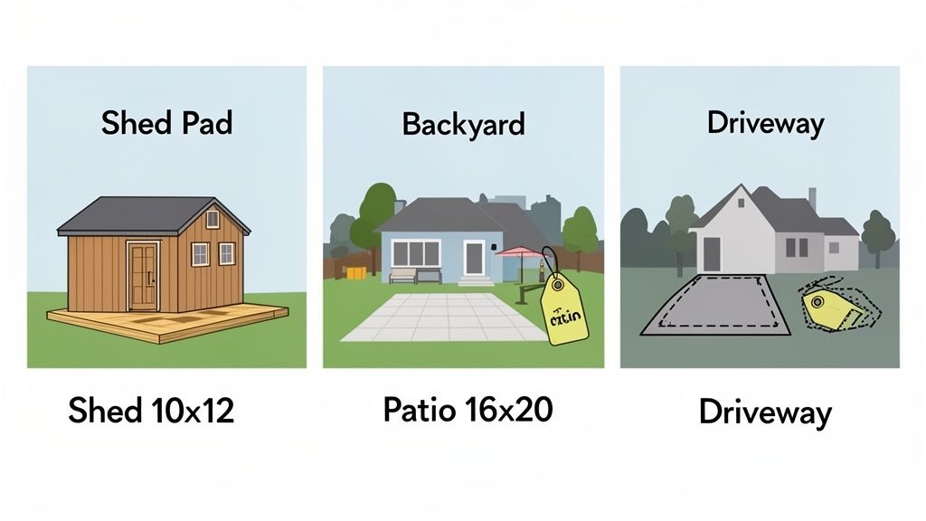 Illustrates three residential concrete applications: a shed pad, a backyard patio, and a driveway.