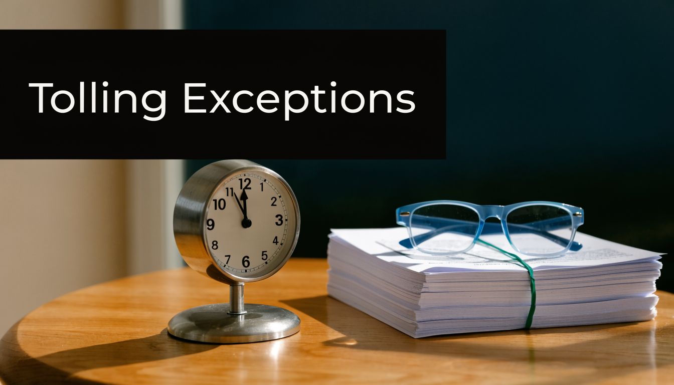 A clock and blue reading glasses resting on a stack of white papers on a wooden table.