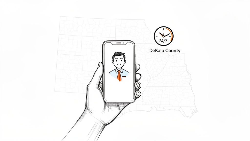 An illustrated man on a smartphone screen, with a 24/7 clock and DeKalb County map, indicating always-available service.