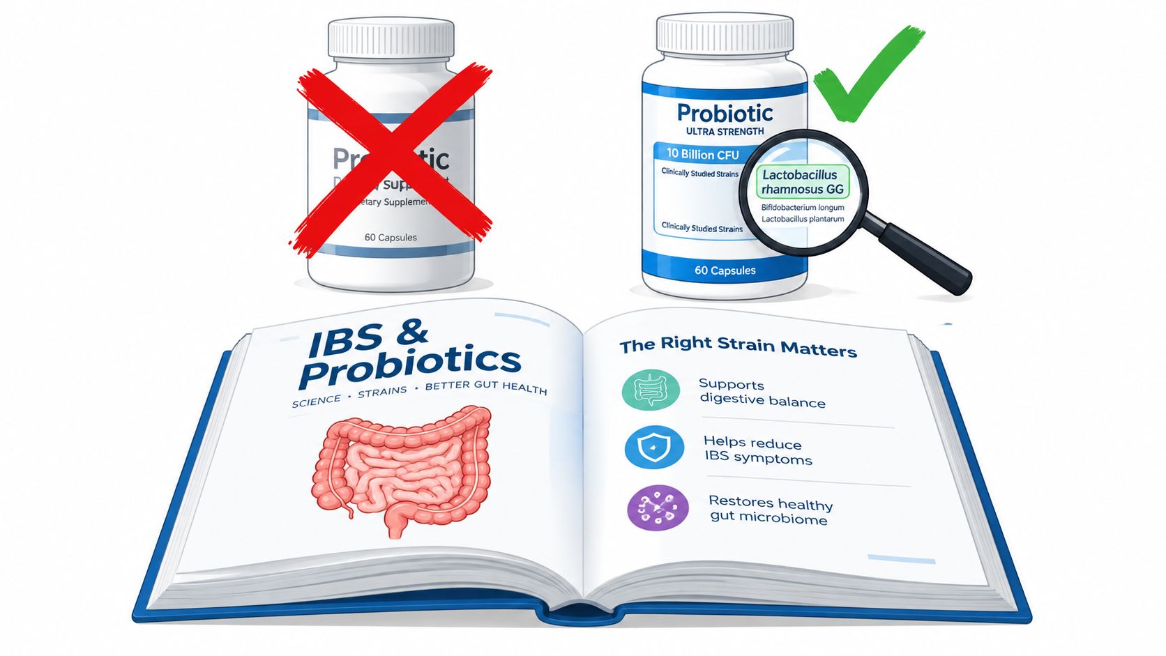 An educational illustration showing that choosing the right probiotic strain is important for managing IBS symptoms.