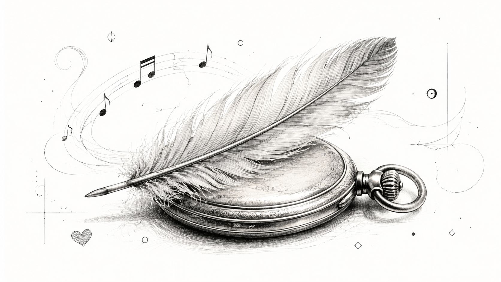 A detailed charcoal sketch of a classic feather quill pen resting atop an elegant vintage pocket watch.