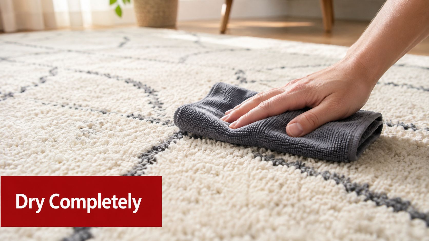 A hand using a clean, dark gray cloth to blot a stain on a white wool rug.
