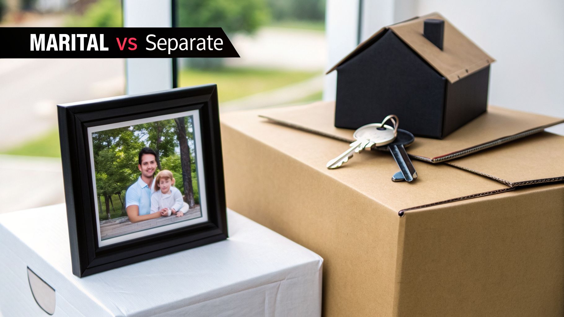 A framed photo of a father and child, a house model, and keys on moving boxes, symbolizing marital separation.