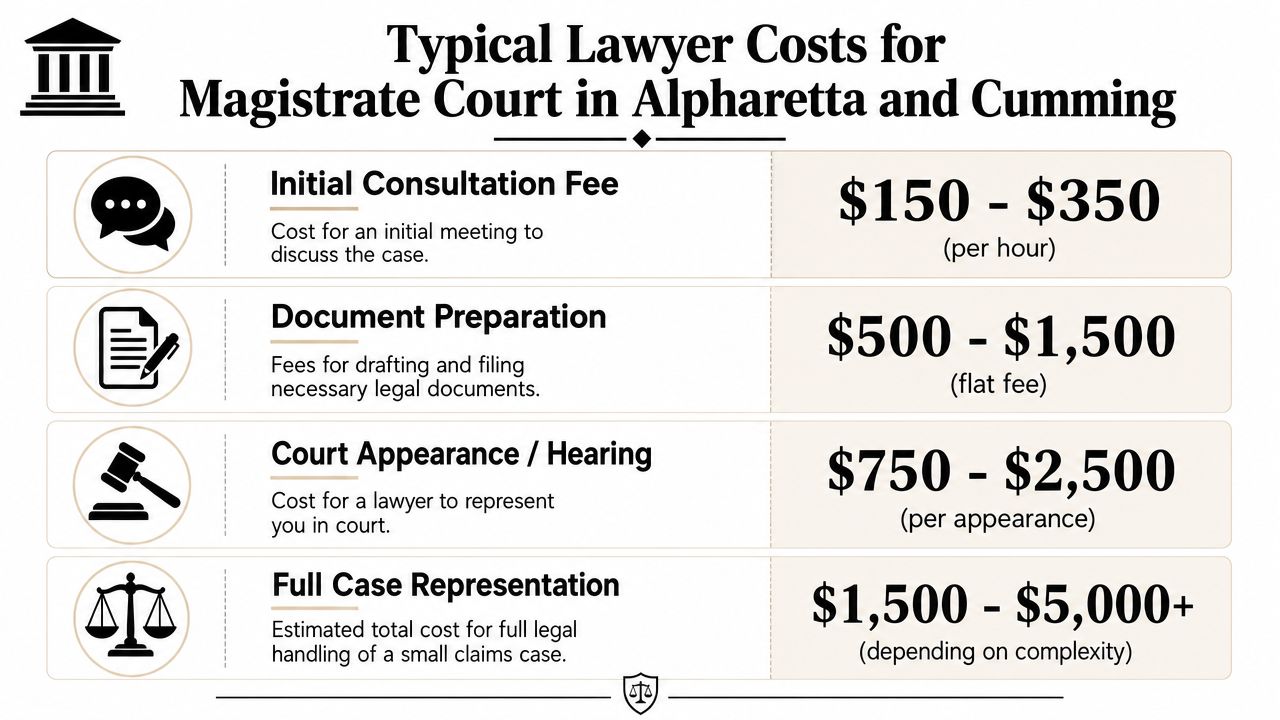 A chart detailing the typical legal costs for magistrate court services in Alpharetta and Cumming.