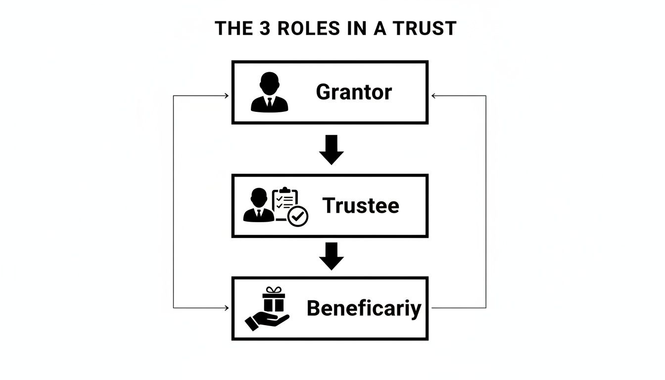 A visual explanation of the three essential roles in a trust: Grantor, Trustee, and Beneficiary.