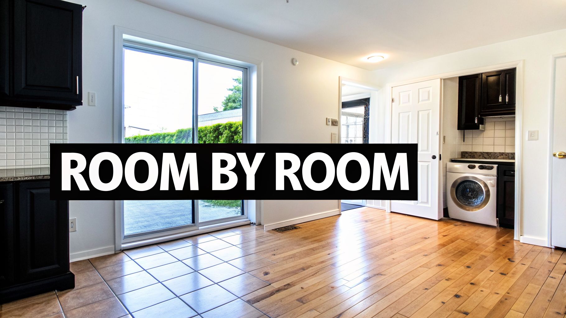 A modern interior features both tile and hardwood flooring, a dark cabinet kitchen, and a laundry area.
