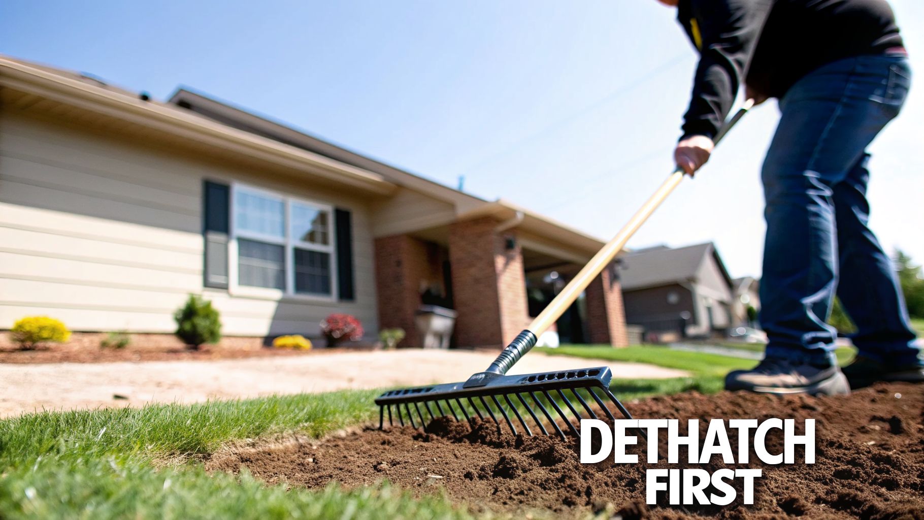 A person rakes soil, preparing a lawn in front of a house, with the text 'DETHATCH FIRST'.