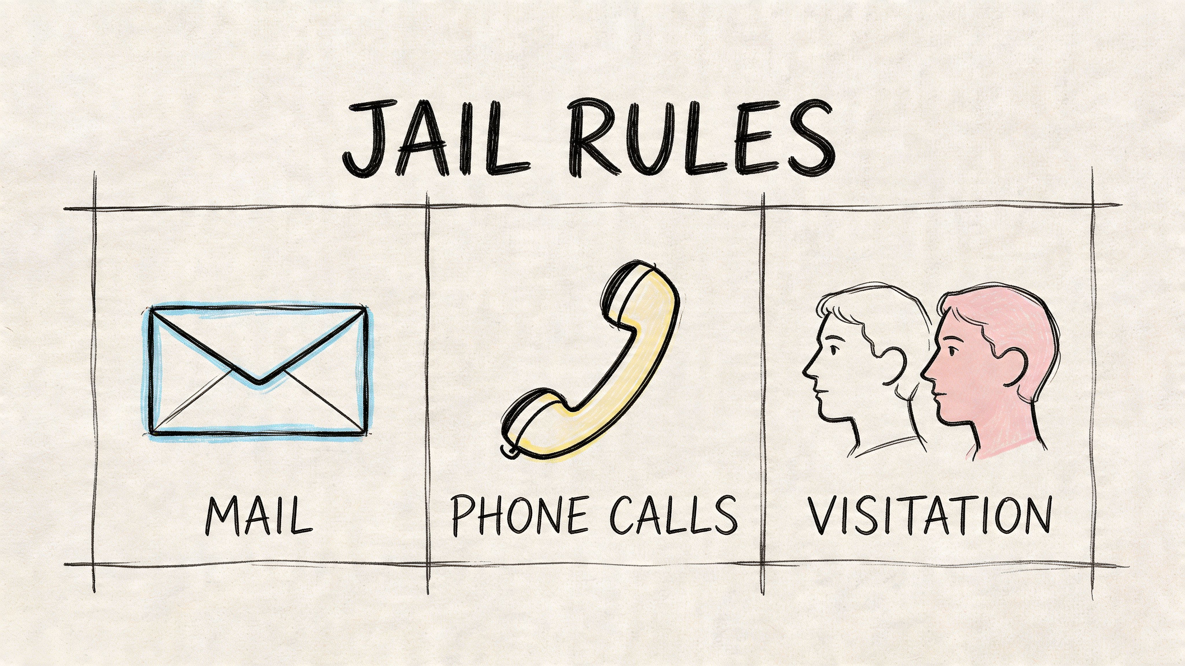A hand-drawn sign labeled Jail Rules illustrating icons for mail, phone calls, and prison visitation procedures.