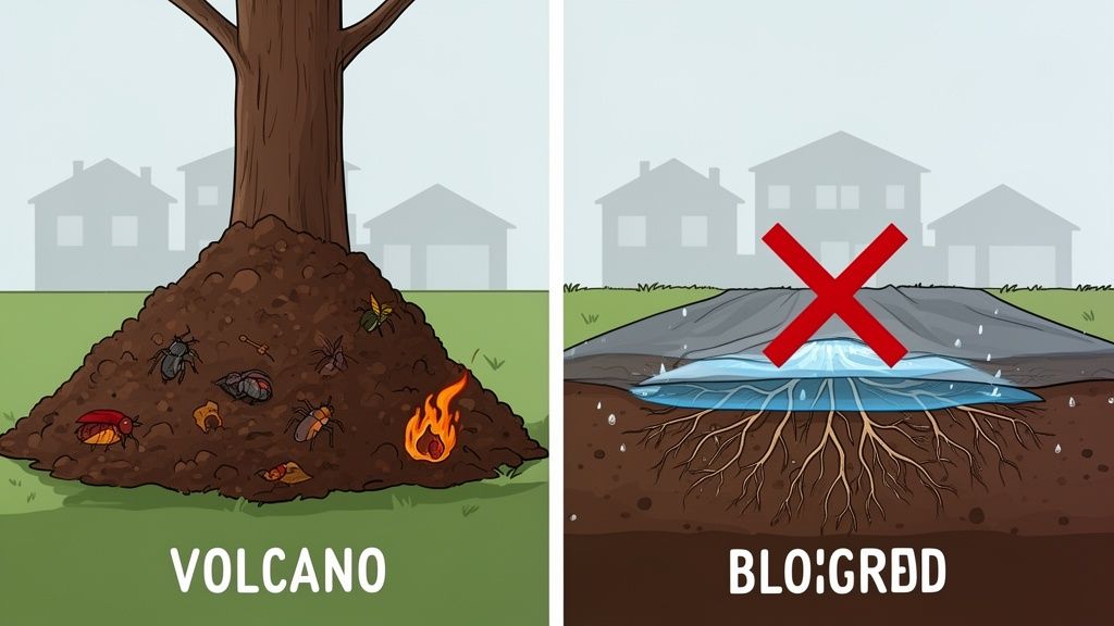 Illustrations showing a 'volcano' mulch pile harming a tree and waterlogged roots, demonstrating what not to do.