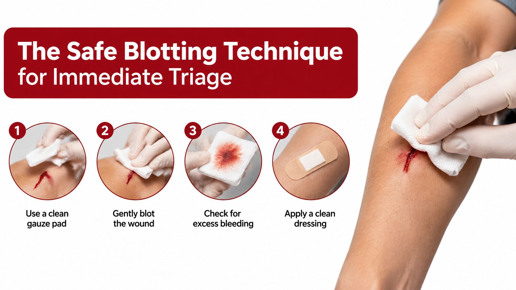 A four-step medical guide illustrating the safe blotting technique for treating a fresh wound on an arm.