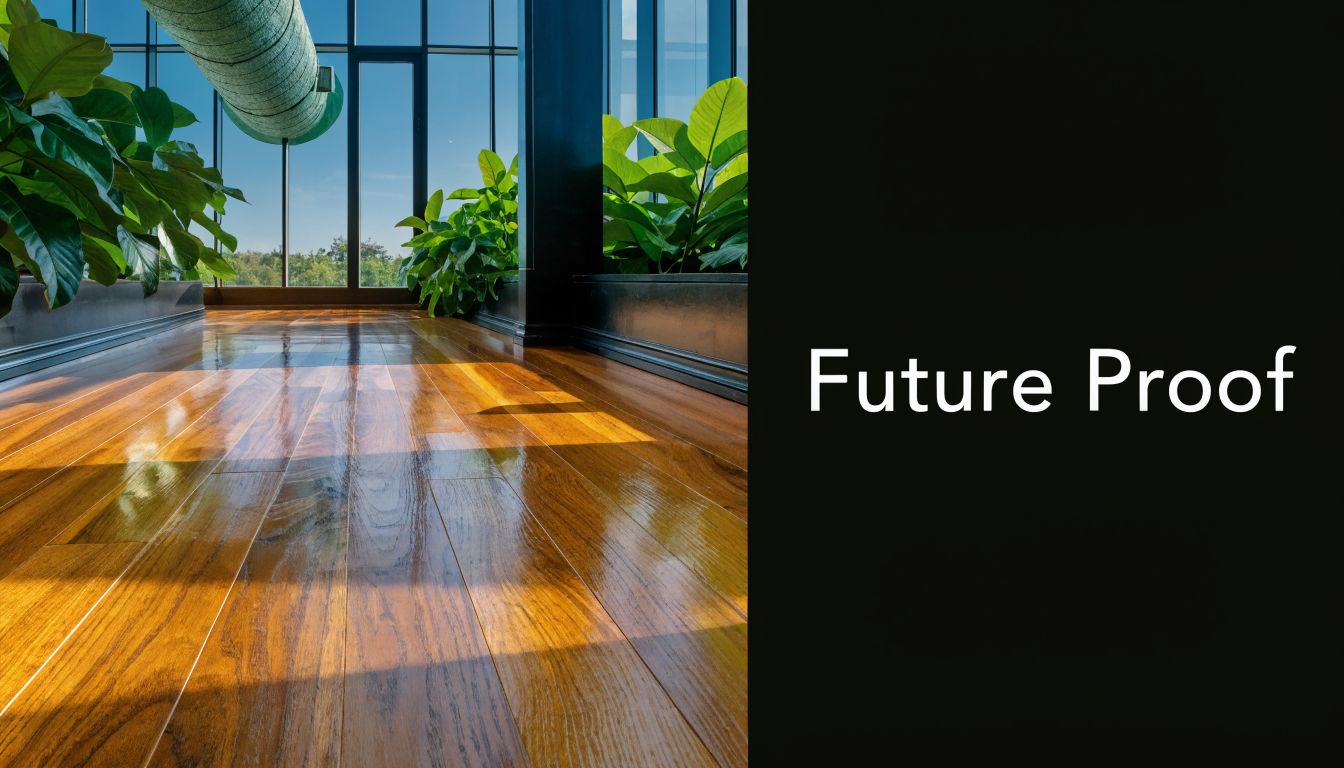 A view of polished wooden floors in a modern office with large windows and lush green plants.