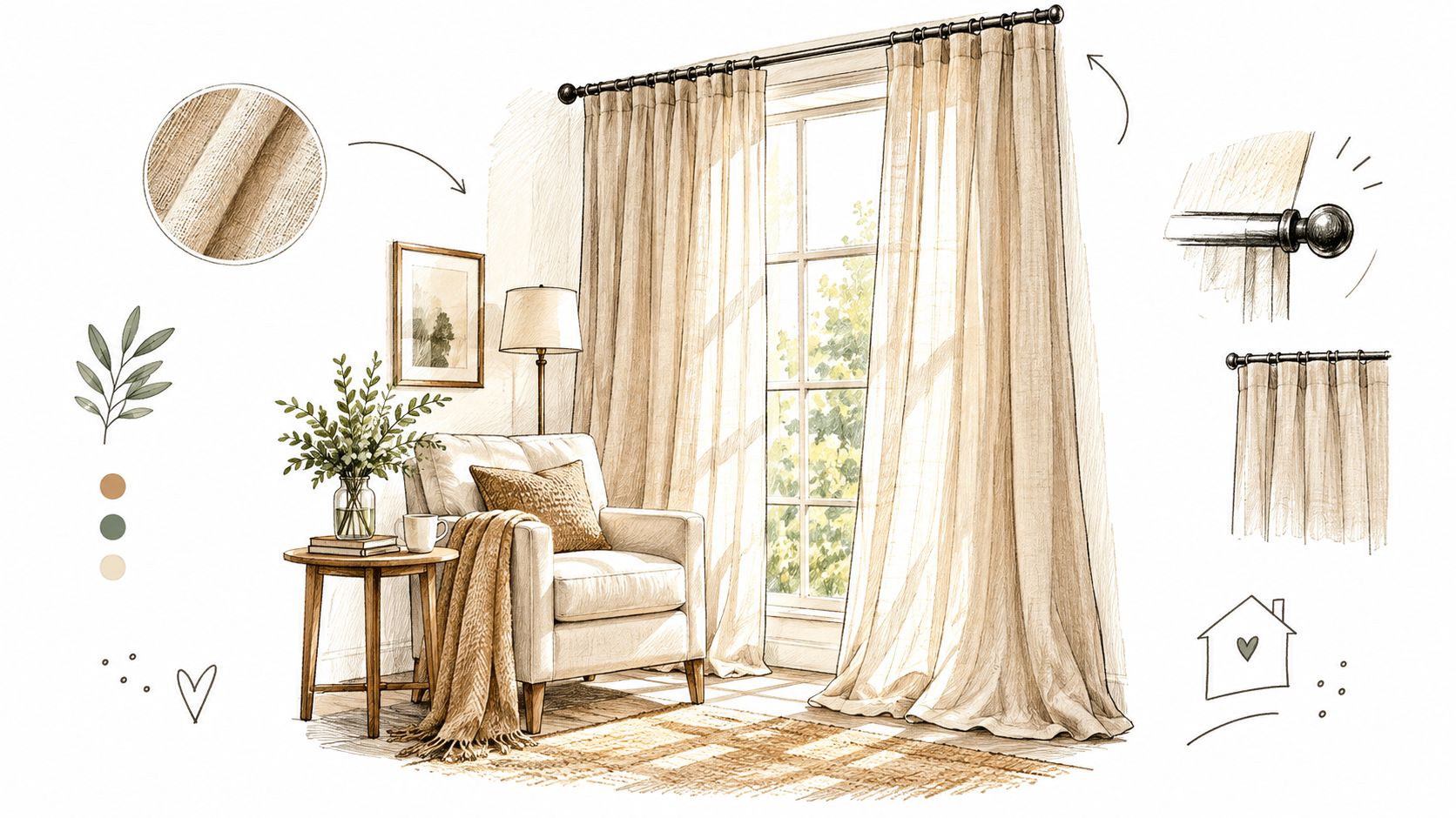 A warm pencil sketch illustration featuring light linen curtains, a comfortable armchair, and natural home decor.