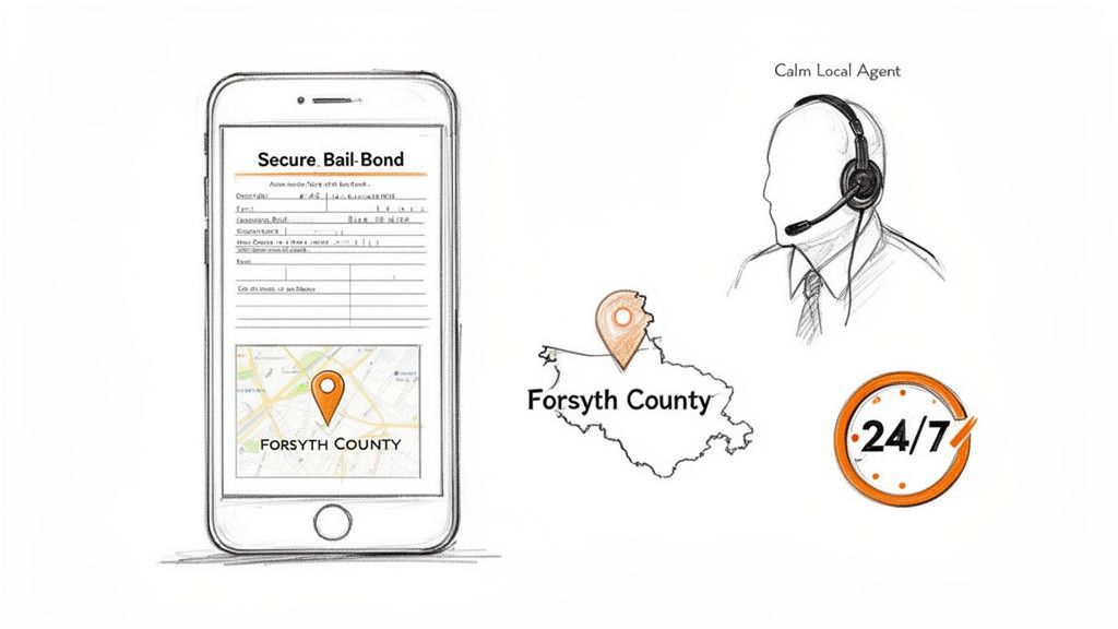 Online bail bond service with a mobile application, local agent, map of Forsyth County, and 24/7 availability.