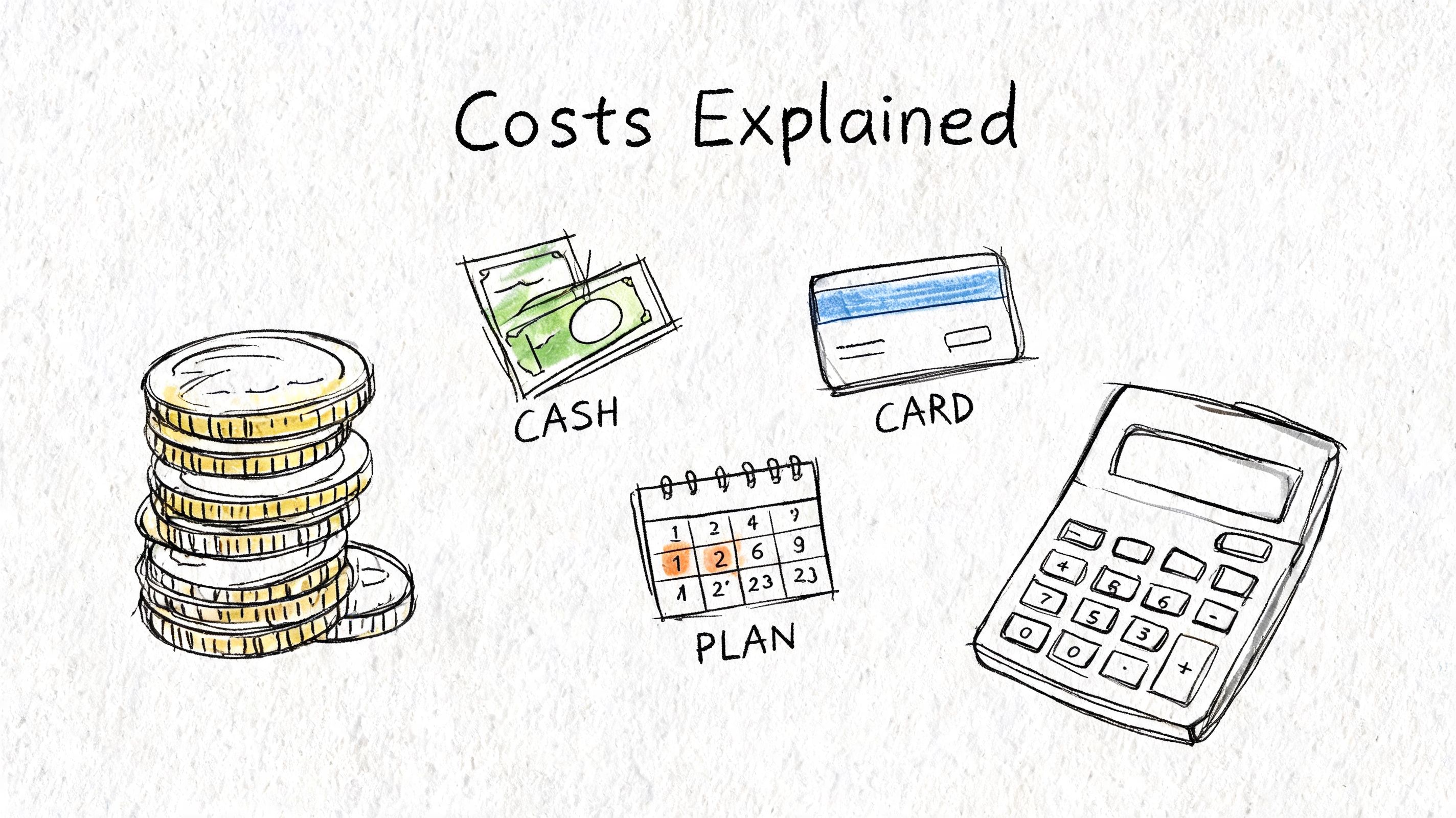 A hand-drawn illustration showing different payment methods including coins, cash, card, payment plan, and a calculator.