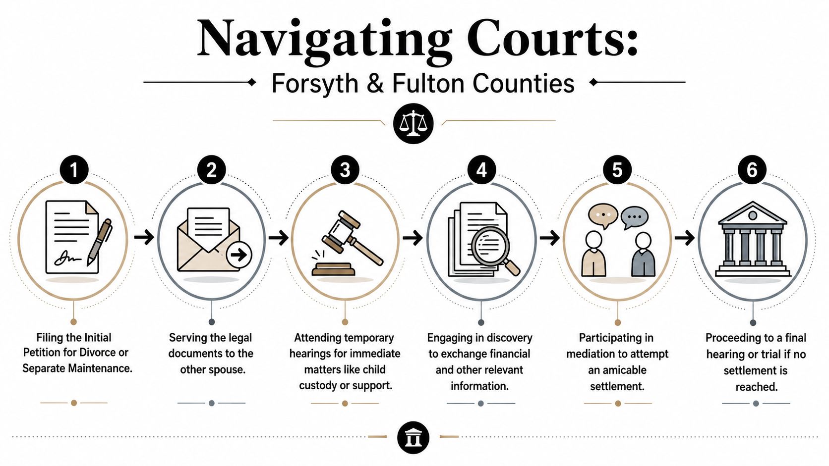 A six-step infographic illustrating the legal process for navigating divorce in Forsyth and Fulton Counties.