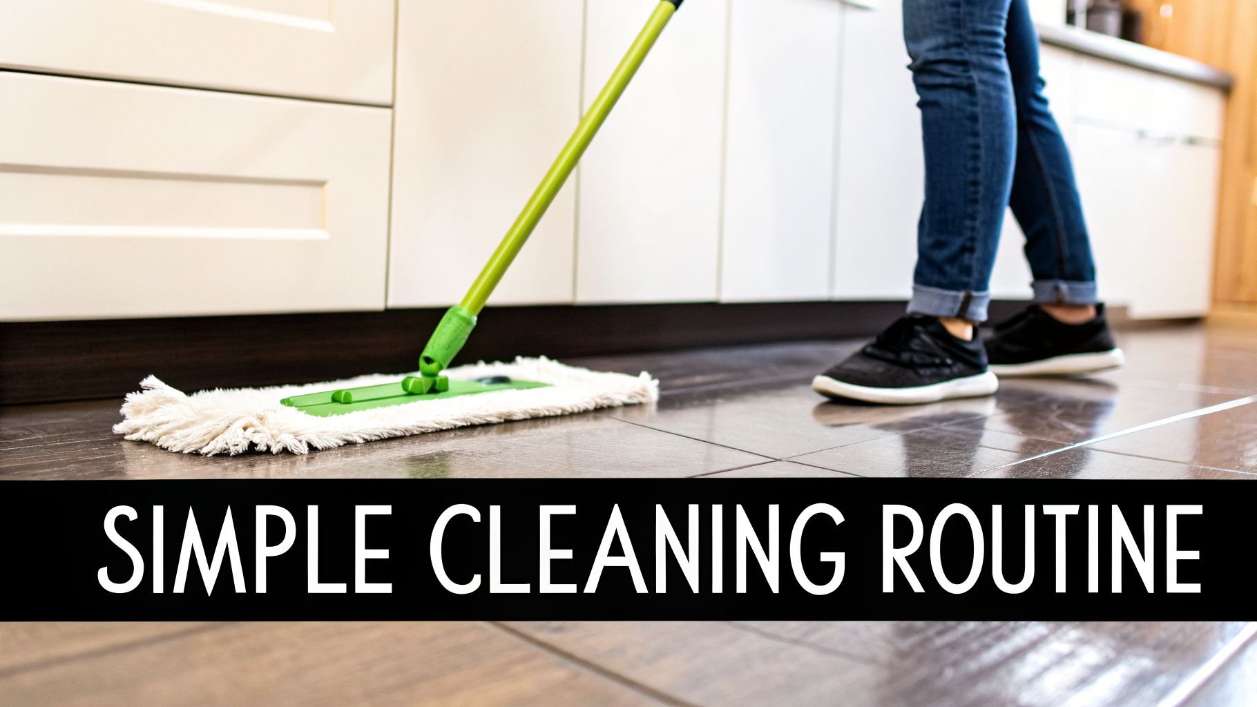 A person mops a kitchen floor with a green and white mop, near white cabinets.