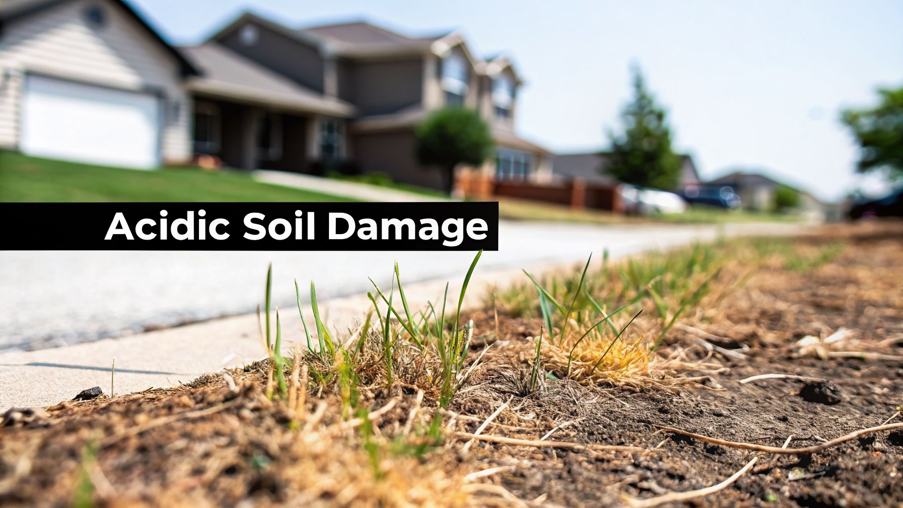 Close-up of a damaged, patchy lawn with sparse green grass and dry soil next to a sidewalk, indicating acidic soil damage.