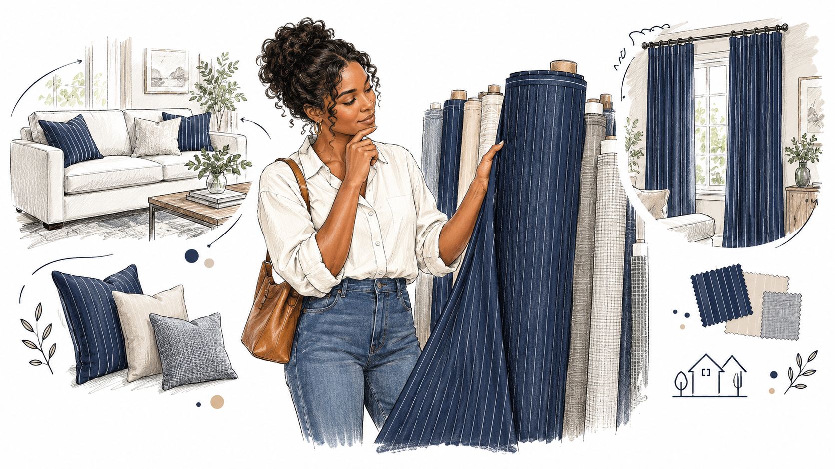 A woman selecting navy blue pinstripe fabric in a design studio with furniture and curtain mockups.