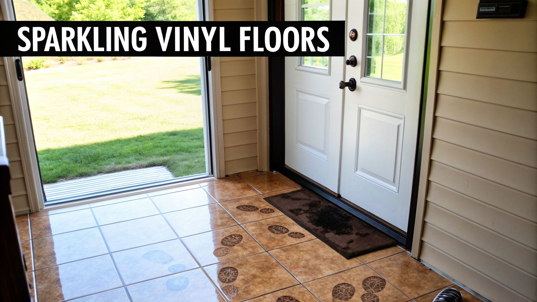 Sparkling vinyl floors in a bright entryway with a view of a sunny green lawn.