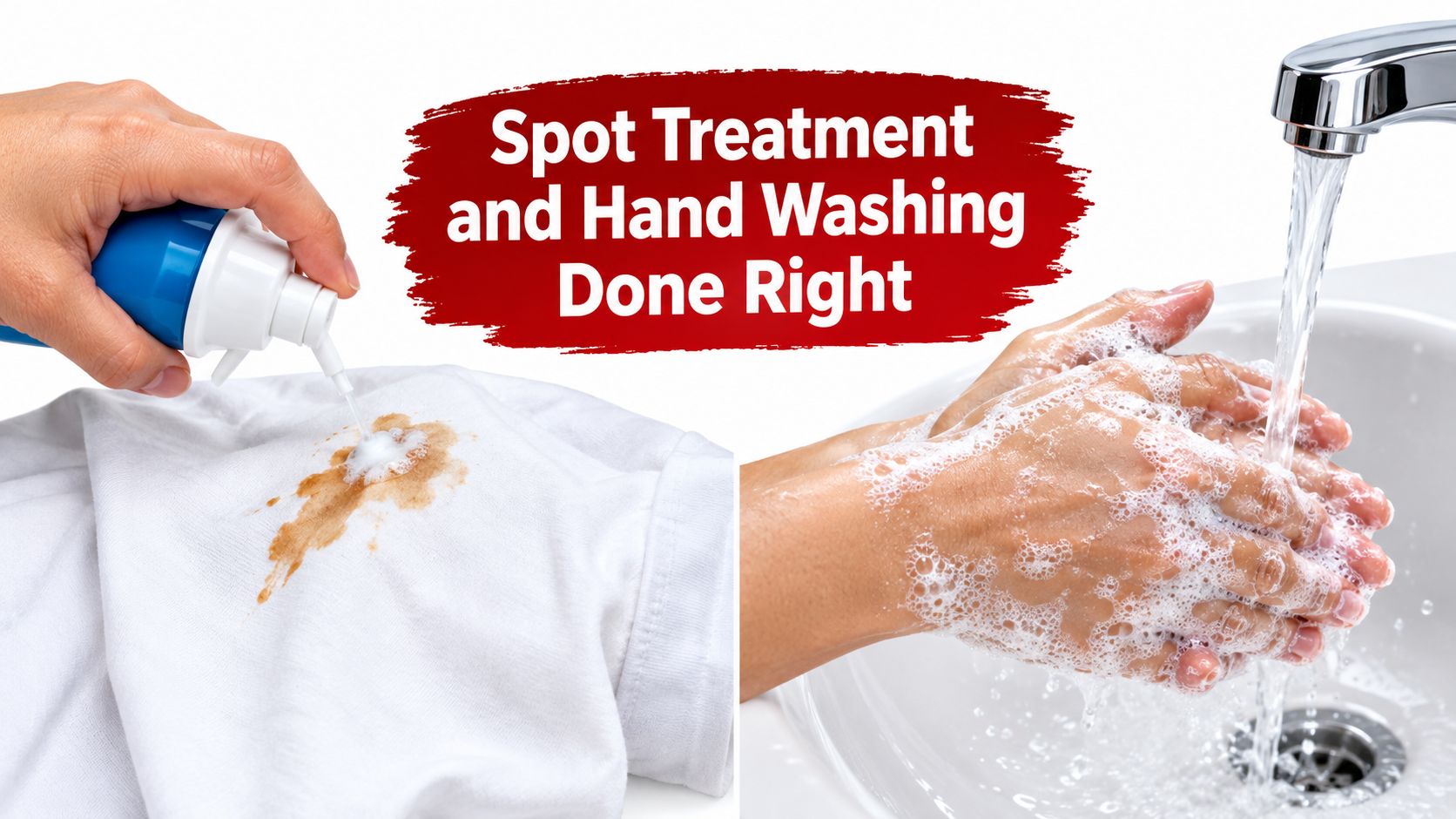 A split-screen image showing spot treatment on a white shirt and hands being washed with soap.