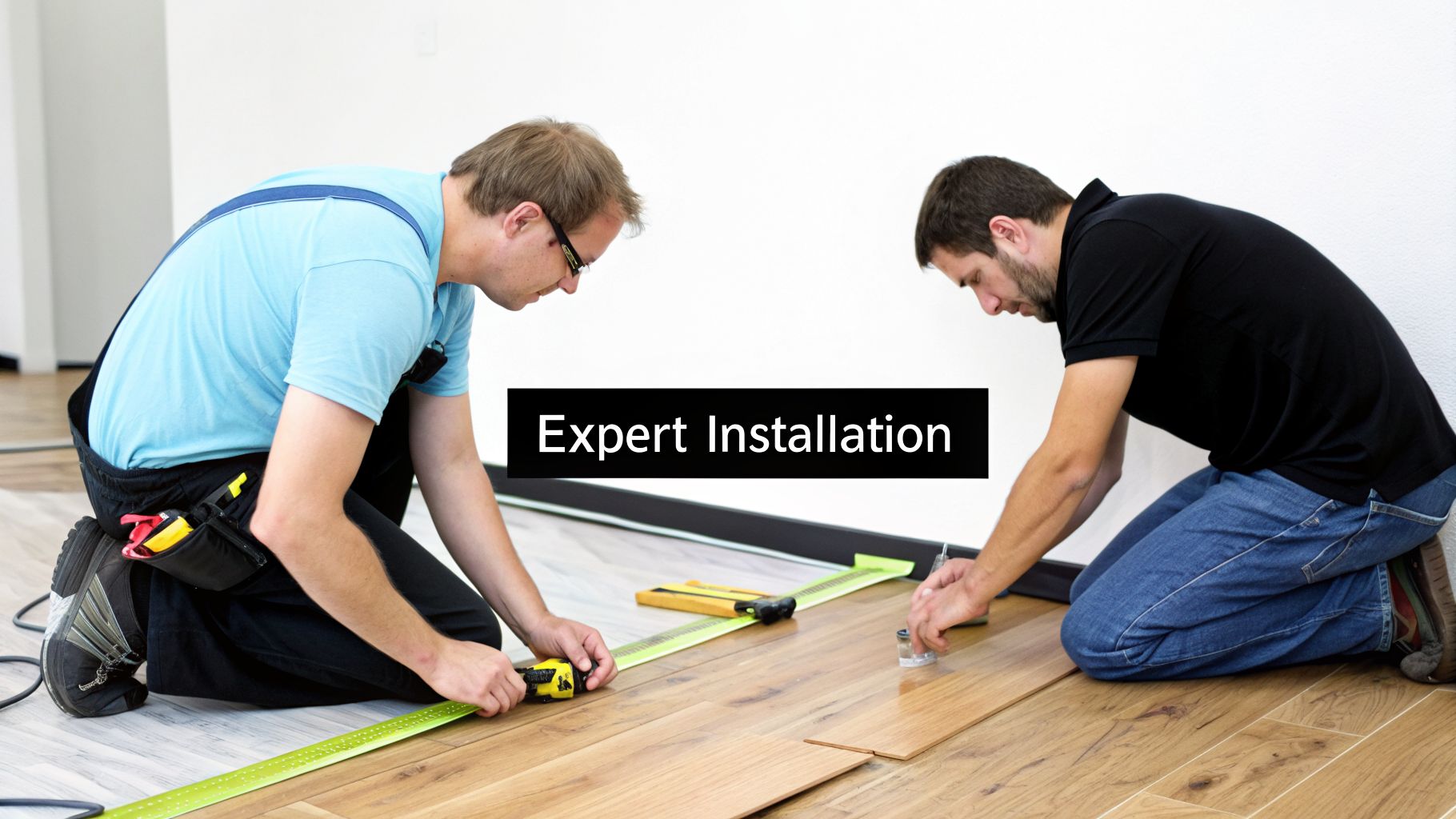 Two professional installers meticulously measure and lay light wood flooring planks in a room.