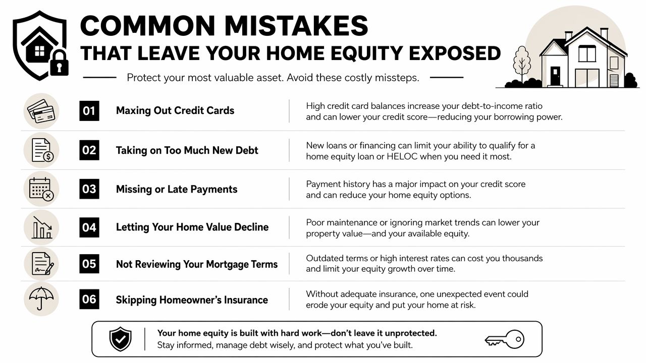 An infographic titled Common Mistakes That Leave Your Home Equity Exposed, listing six key financial pitfalls.