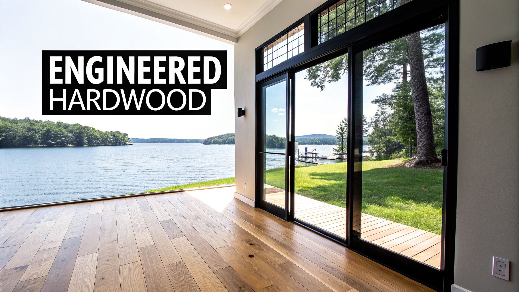 Engineered hardwood flooring laid in a modern room with large windows overlooking a lake.