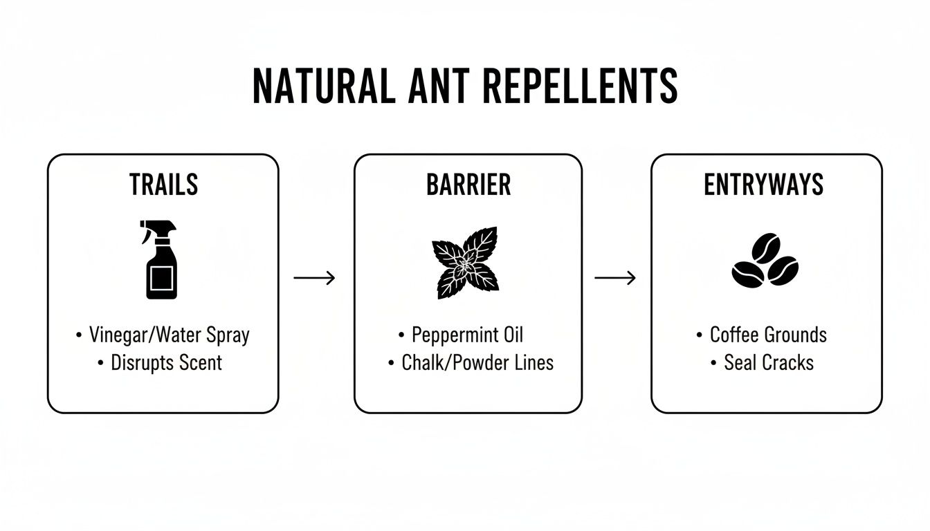 A diagram illustrating natural ant repellents: vinegar spray for trails, peppermint oil for barriers, and coffee grounds for entryways.