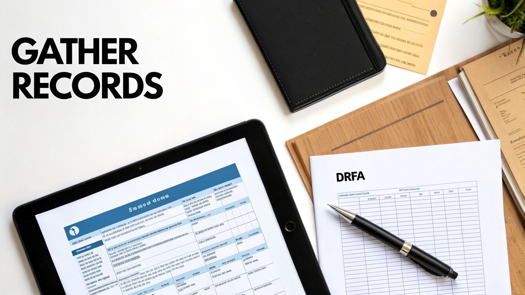 A flat lay of a desk with a tablet, paper forms, a pen, and the text 'GATHER RECORDS'.