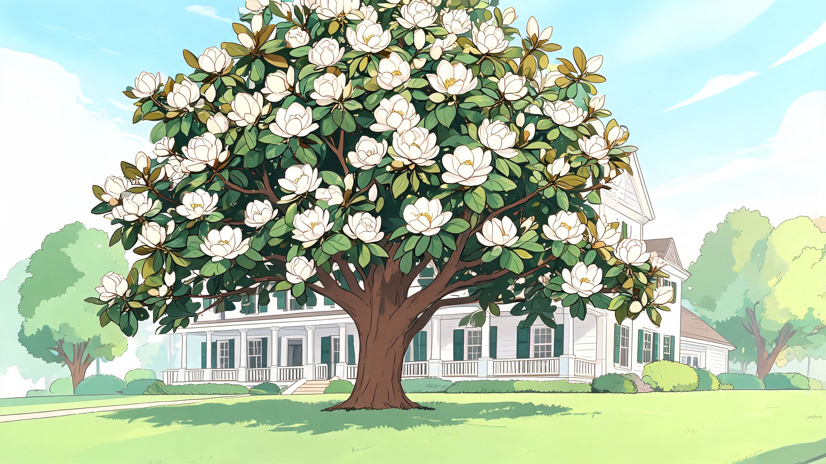 A large, blooming magnolia tree with white flowers stands in front of a white plantation style house.