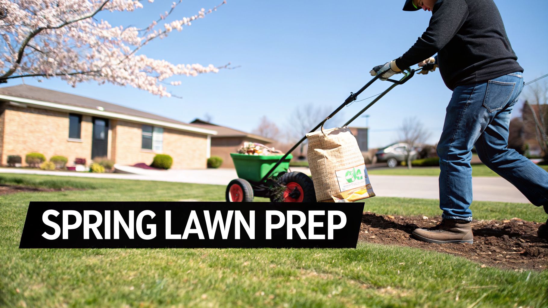 A person spreads fertilizer on a lush green lawn in spring, preparing the yard with a blooming tree.