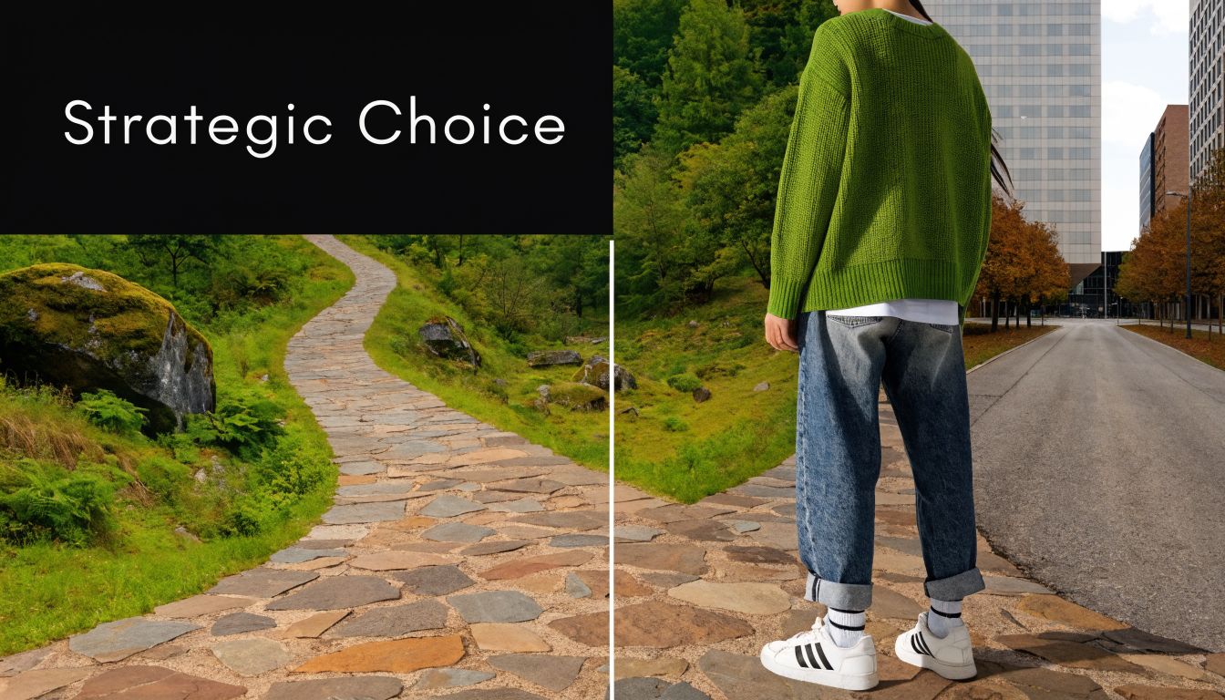 A person standing at a fork in the road, choosing between a nature path and city road.